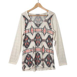 Charlotte‎ Russe Womens Aztec Round Neck Tunic Top Sz XL Long Sleeves Semi Sheer
